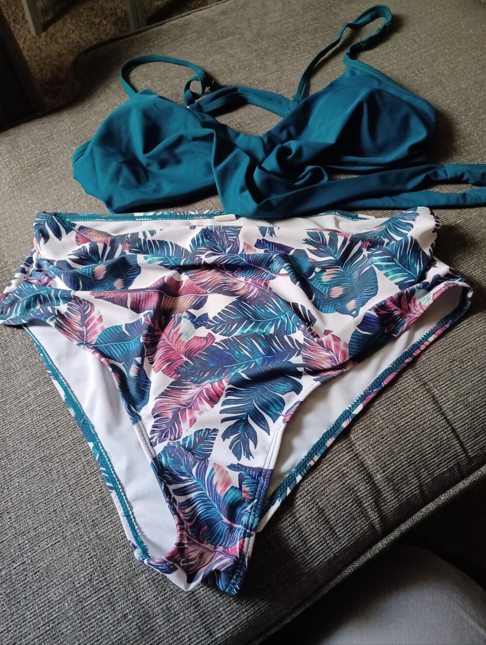 Teal Set with Tropical Leaf High-Waist Bottoms - Women Swim And Cute Top